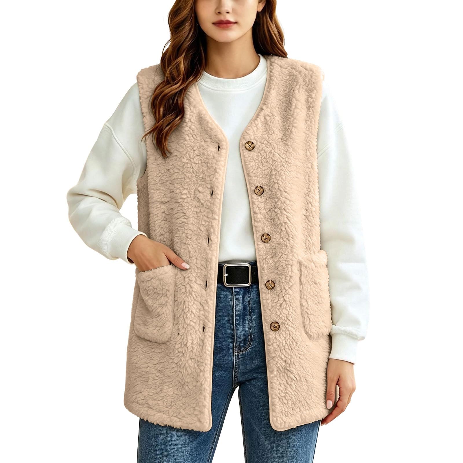 Rivone Fleeceweste Damen Lang Teddy Fleece Weste Einfarbig Warm Winterweste | Ärmellose Plüschweste，Elegant Rundhals，Herbst Winter Übergangsweste，Outdoor Casual Teddyweste，Mit Taschen Und Knöpfen