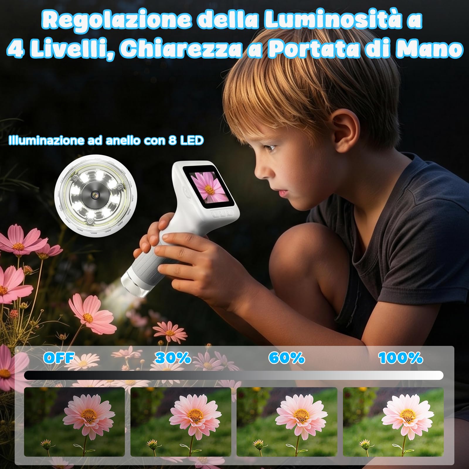 Microscopio Digitale Bambini 1000X, Schermo 3,0 Pollici (Bianco) | Microscopio Portatile con Videos, Funzione Fotografica e Compatibilità PC per Giardini, Boschi e Attività all'Aperto