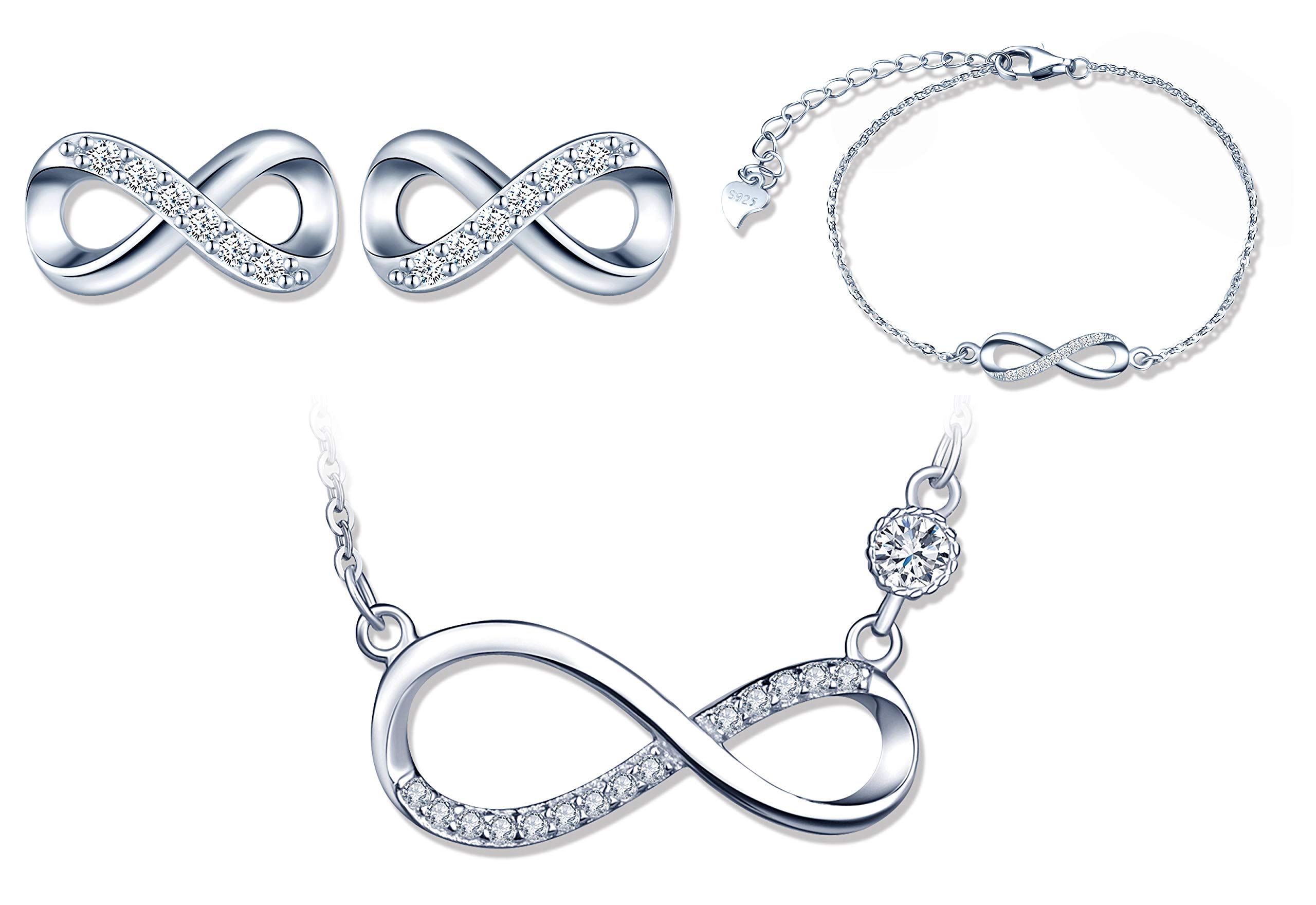 Juego de joyas de plata de ley 925, símbolo de infinito, collar, pulsera y pendientes, símbolo de infinito, circonitas, joyas para mujeres, niñas, Navidad, cumpleaños, regalo de plata, plata de ley,