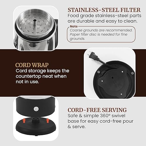 Vista 4 de Elite Gourmet Cafetera eléctrica de 12 tazas, filtro de acero inoxidable apto para lavavajillas, tapa y tubo, función mantener caliente, base