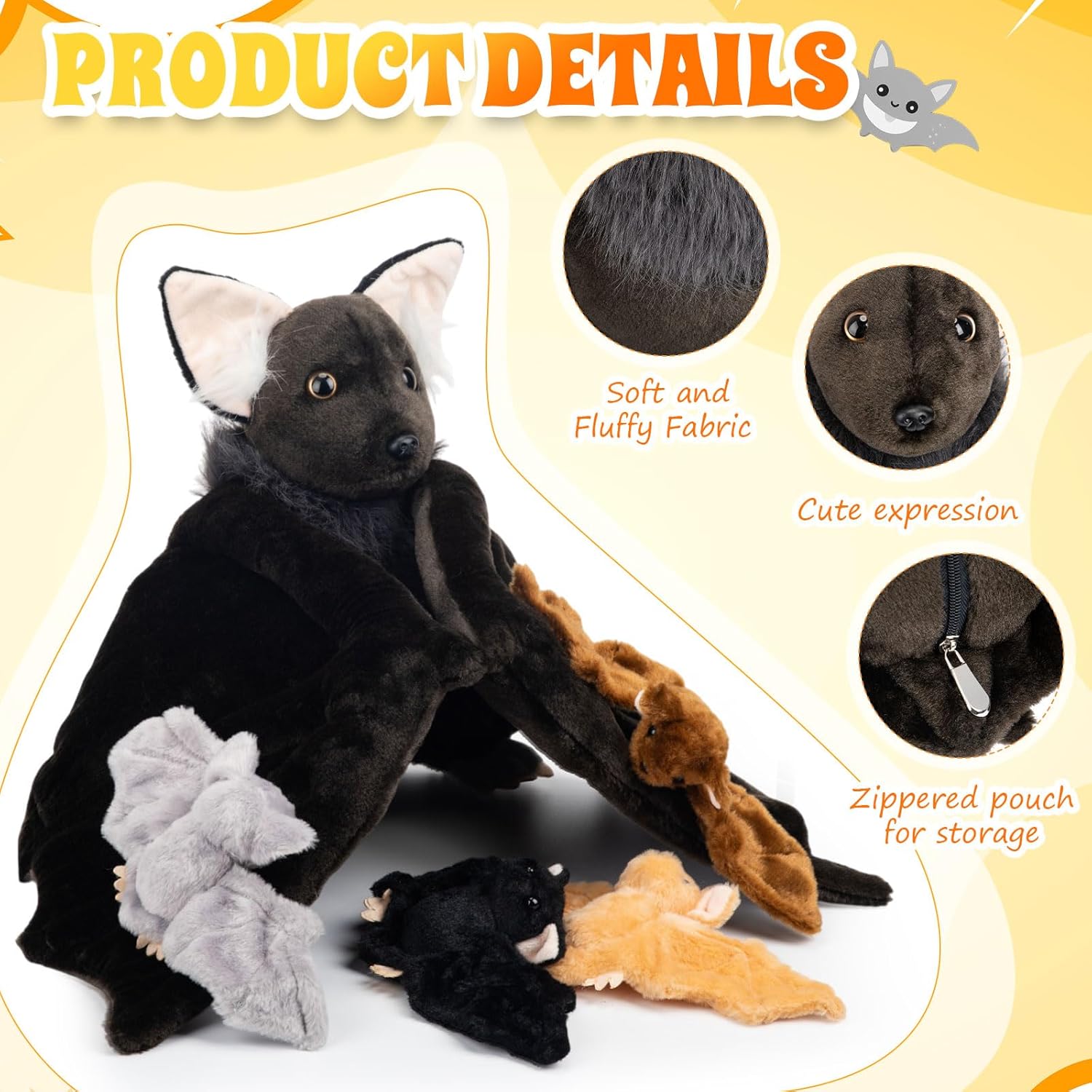 Civaner 5 Pcs Goth Stuffed Bat Plush Toy Set 13 Inch Mommy Bat Stuffed Animal with 4 Babies Gothic Plushies Dolls for Halloween Valentines Easter Birthday Gifts