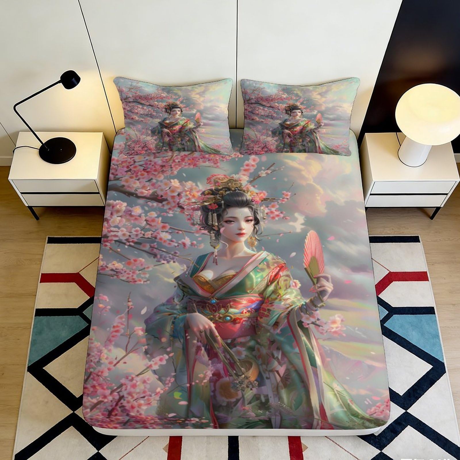 3D Printed Geisha Blossom Fitted Sheet Microfiber Breathable Sakura Art Mattress Cover for Bedroom Guest Room Decor 180x200x25cm