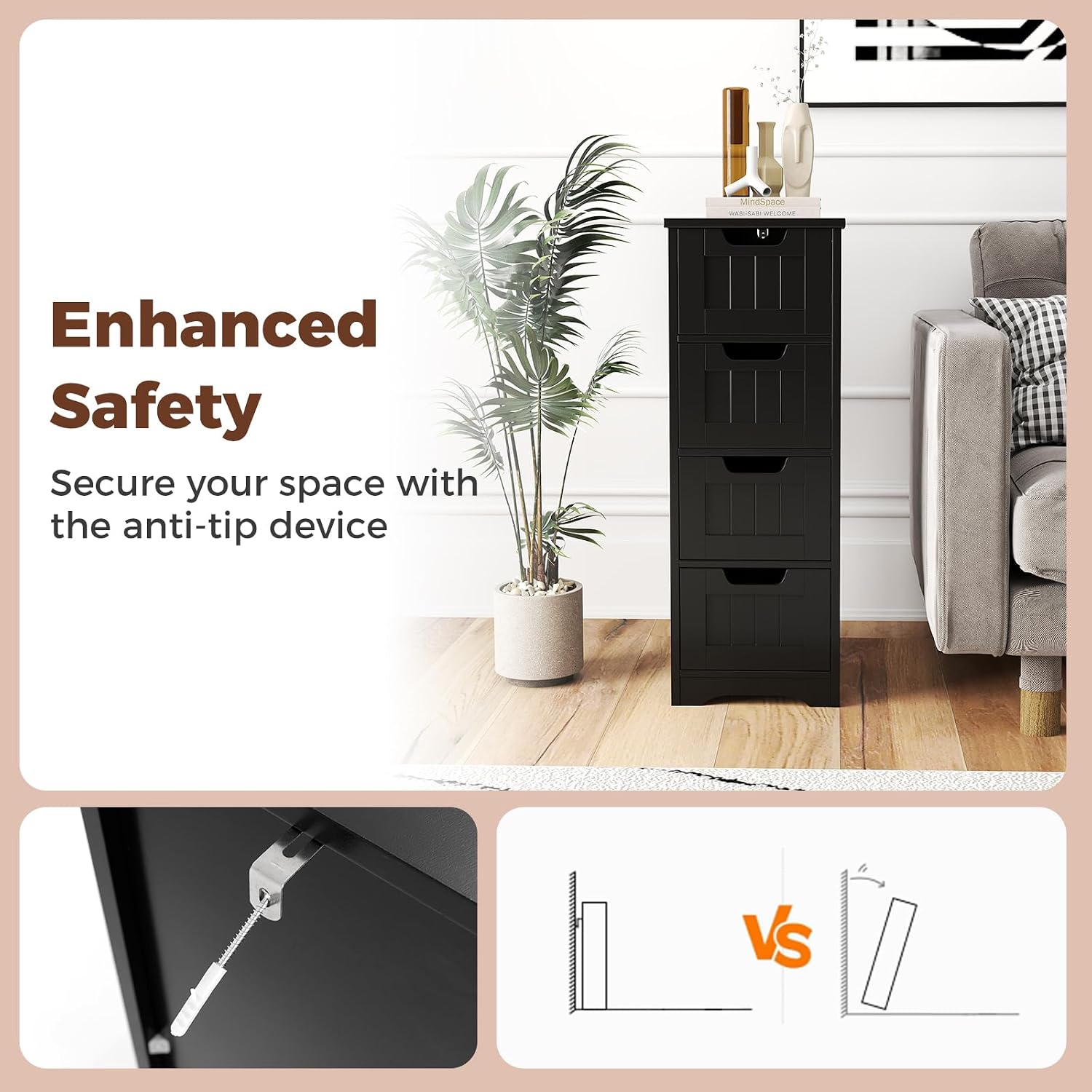 Giantex Bathroom Storage Cabinet w/ 4 Drawers, Freestanding Storage Organizer Unit with Cutout Handles, Anti-Tipping Device, Slim Floor Cabinet for Bathroom, Living Room, Entryway