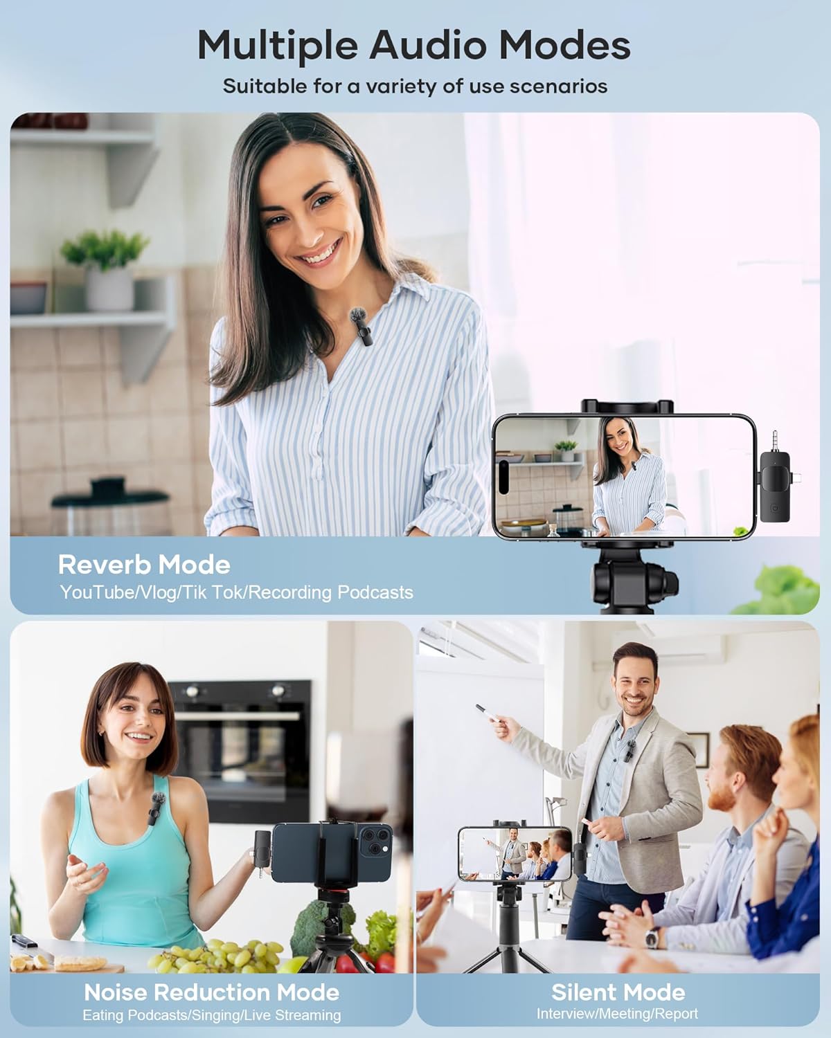 3-in-1 Wireless Lavalier Microphone for iPhone, iPad, Android, Camera - Noise-Canceling Mini Mic with 2.4G Ultra-Low Latency for Vlog, TikTok & YouTube Streaming (2 Mics) - Image 3