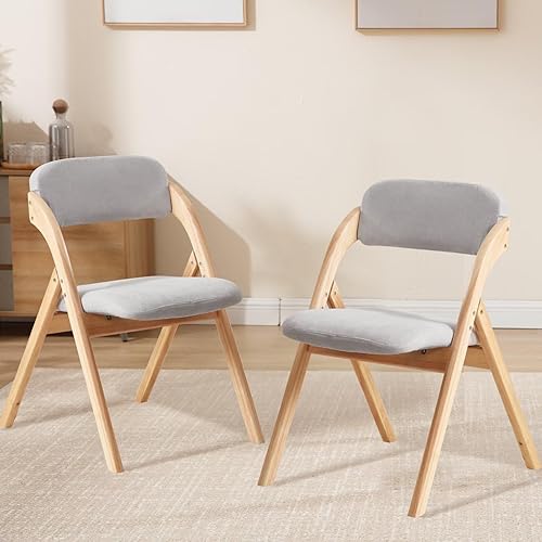 Paquete de 2 sillas plegables con cojín, sillas plegables acolchadas de lino, sillas de comedor plegables de madera cruda, para comedores, cocina,