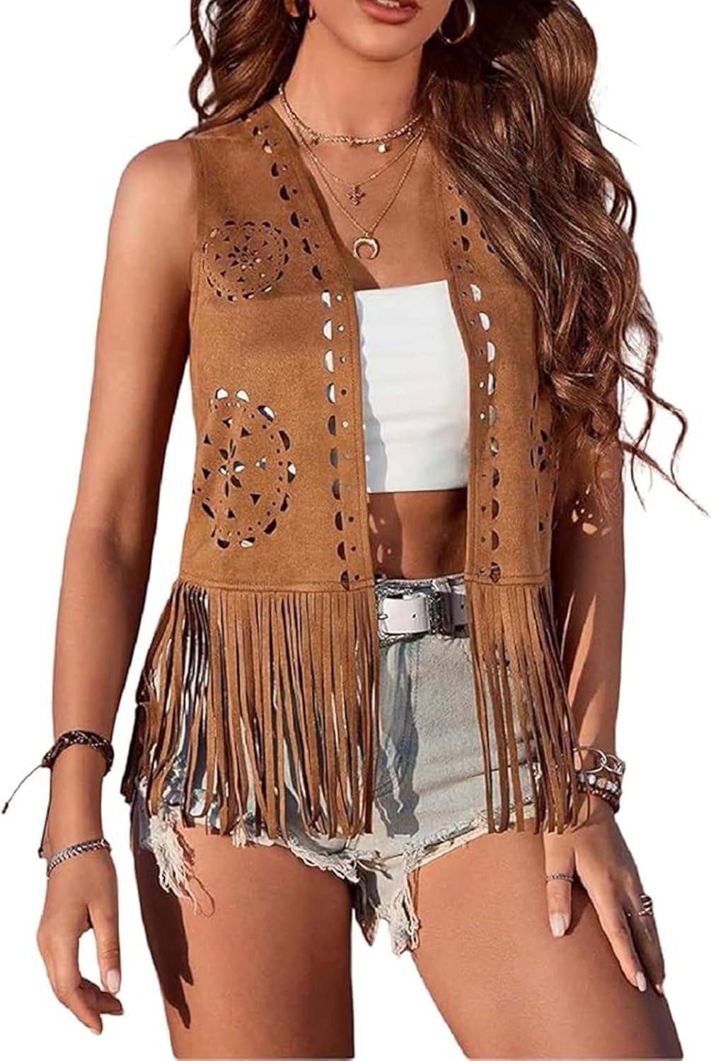 Faux Suede Fringe Vest Women Western Cowgirl Vintage 70s Boho Hippie Tassel Top Summer Open Front Sleeveless Jacket