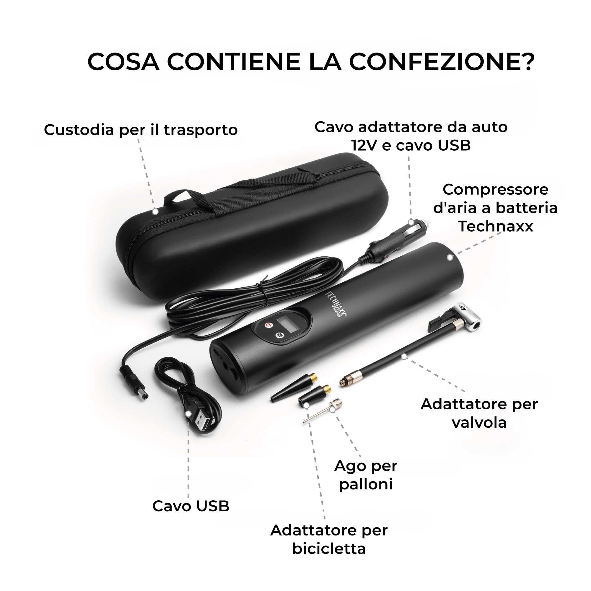 Technaxx Compressore Aria Portatile 6000mAh – Gonfiatore Wireless con Display Digitale, 8 Bar Auto Stop, 12V, Pompa Pneumatici per Auto, Bicicletta, Moto e Palloni, Luce LED - TX-157