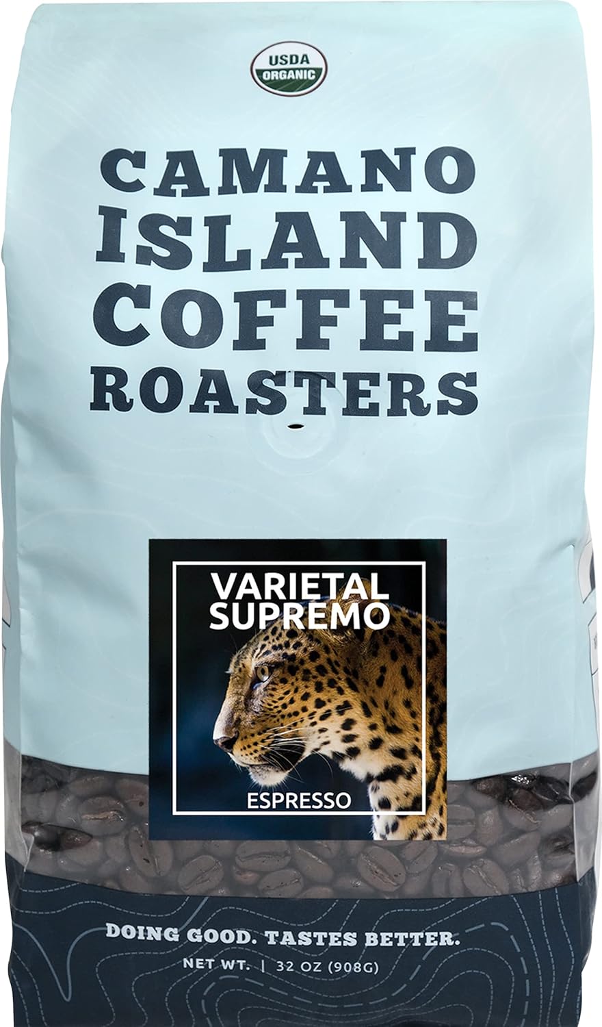 Camano Island Coffee Roasters Varietal Supremo Espresso Blend, Whole Bean 2lb, Fresh Dark Roast, USDA Organic, Fairly Traded, Shade Grown Arabica, Chocolate, Caramel, Hint of Spice Flavor Profile