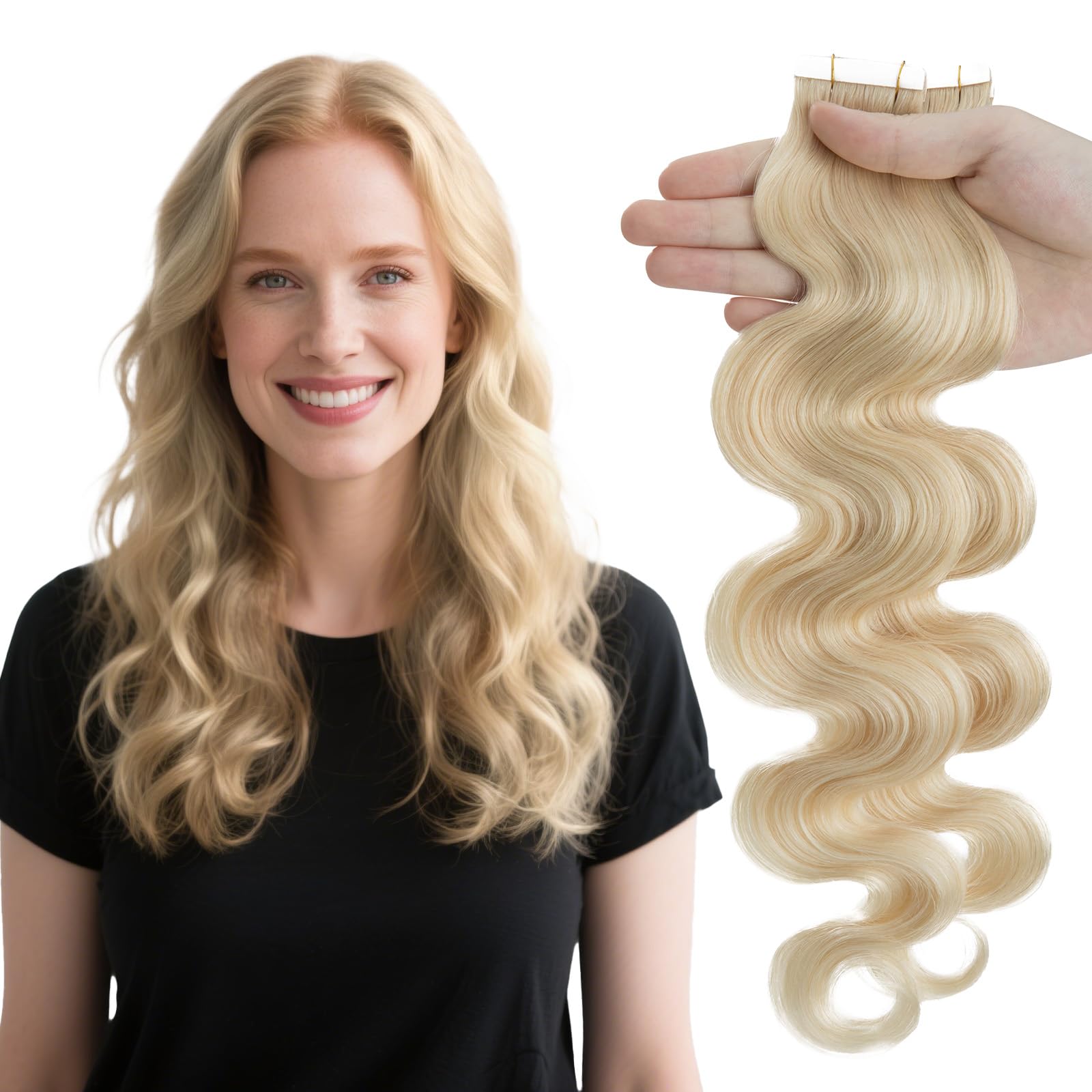 Elailite Wavy Tape in Hair Extensions Human Hair Body Wave Real Remy Hairpieces Platinum Blonde 18 Inch 50g 20pcs Invisible Seamless Skin Weft Best