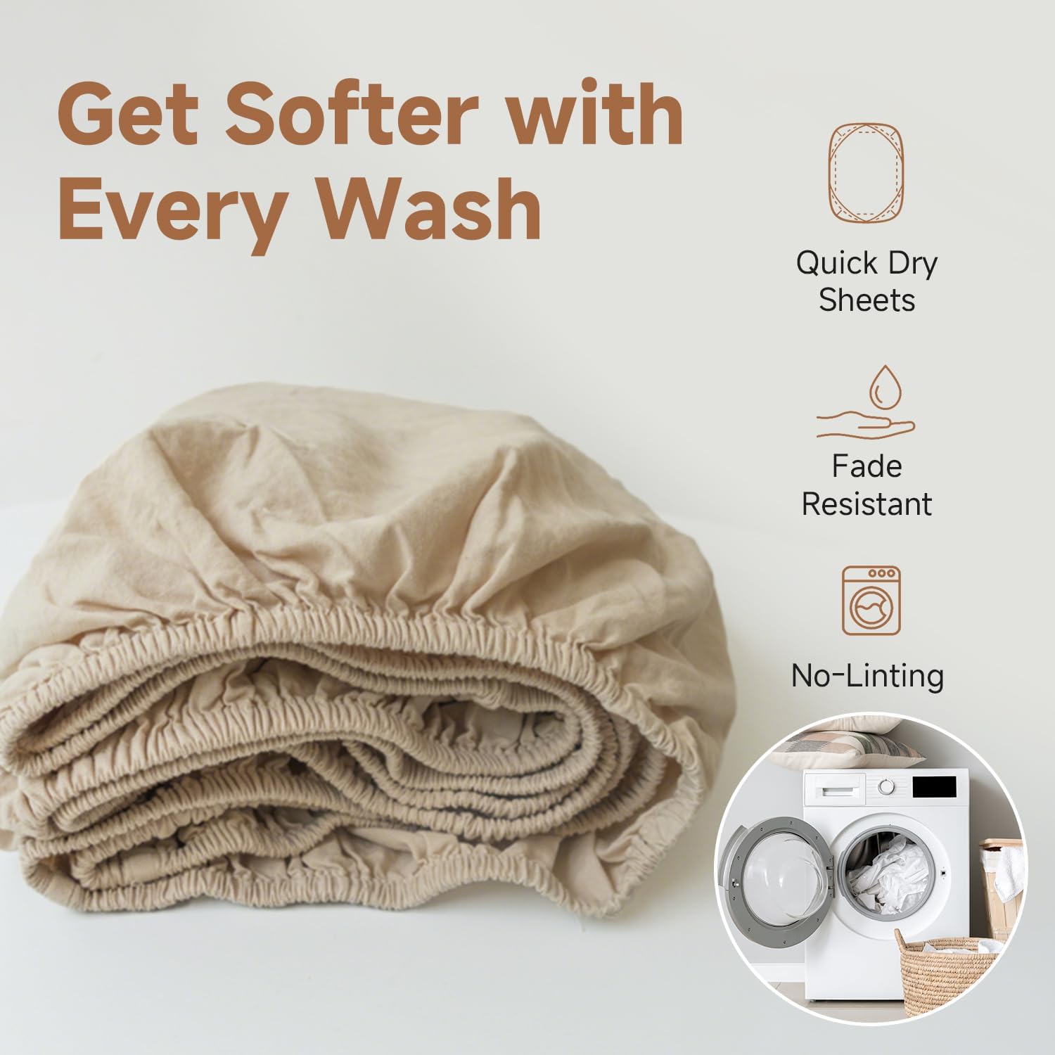 Linen Fitted Sheet - 16 Inch Deep Pocket Mattress Cover Natural Flax Cotton Blended Soft Breathable Bedding - Linen,Queen