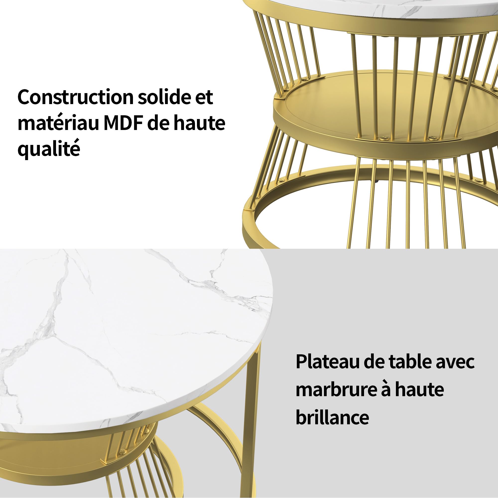Set di 2 tavolini rotondi rimovibili, tavolini impilabili con gambe in metallo dorato e piano con motivo marmo, per soggiorno, balcone (color oro)