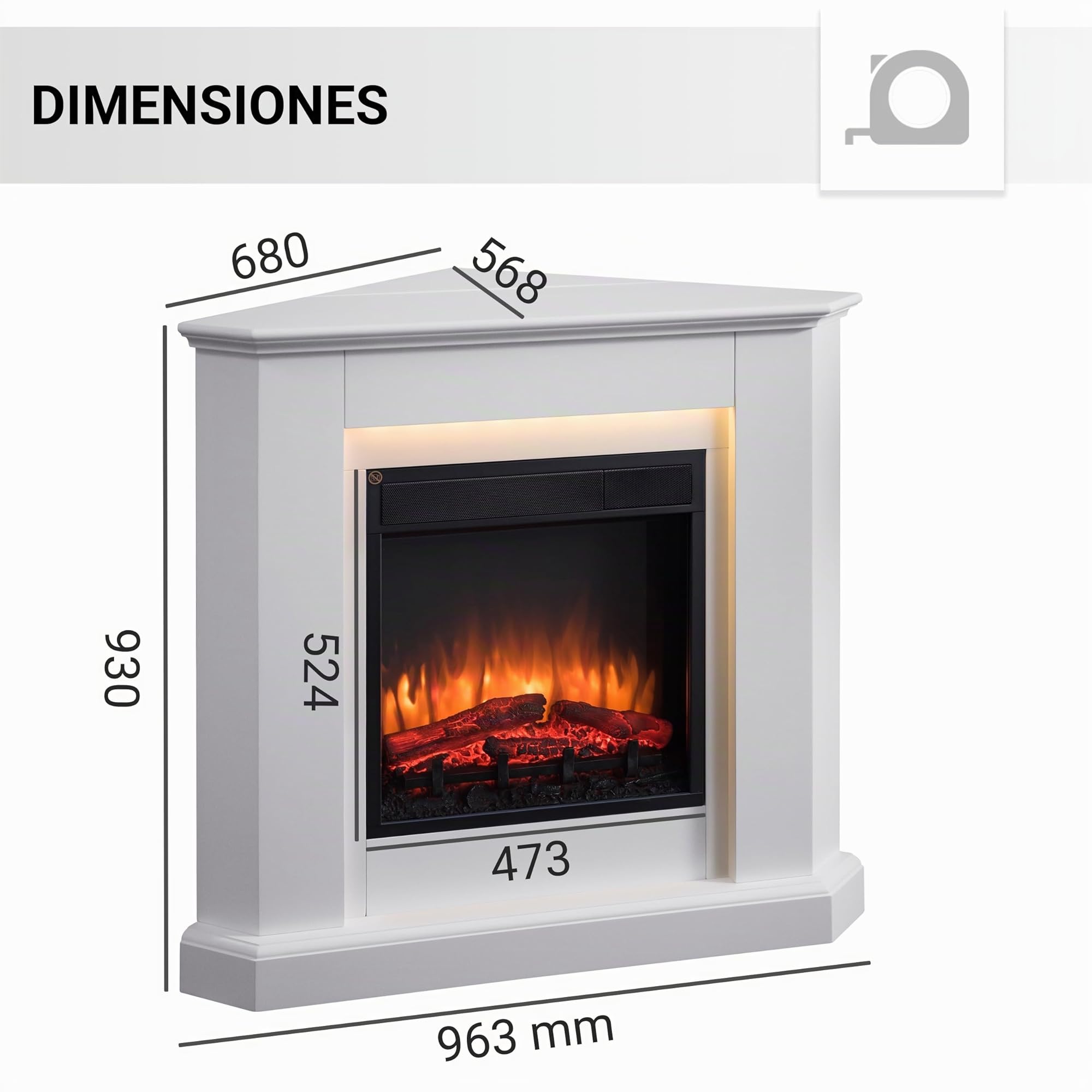 BALDERIA Candela, Chimenea Eléctrica de Esquina Blanca | Calefactor bajo Consumo
