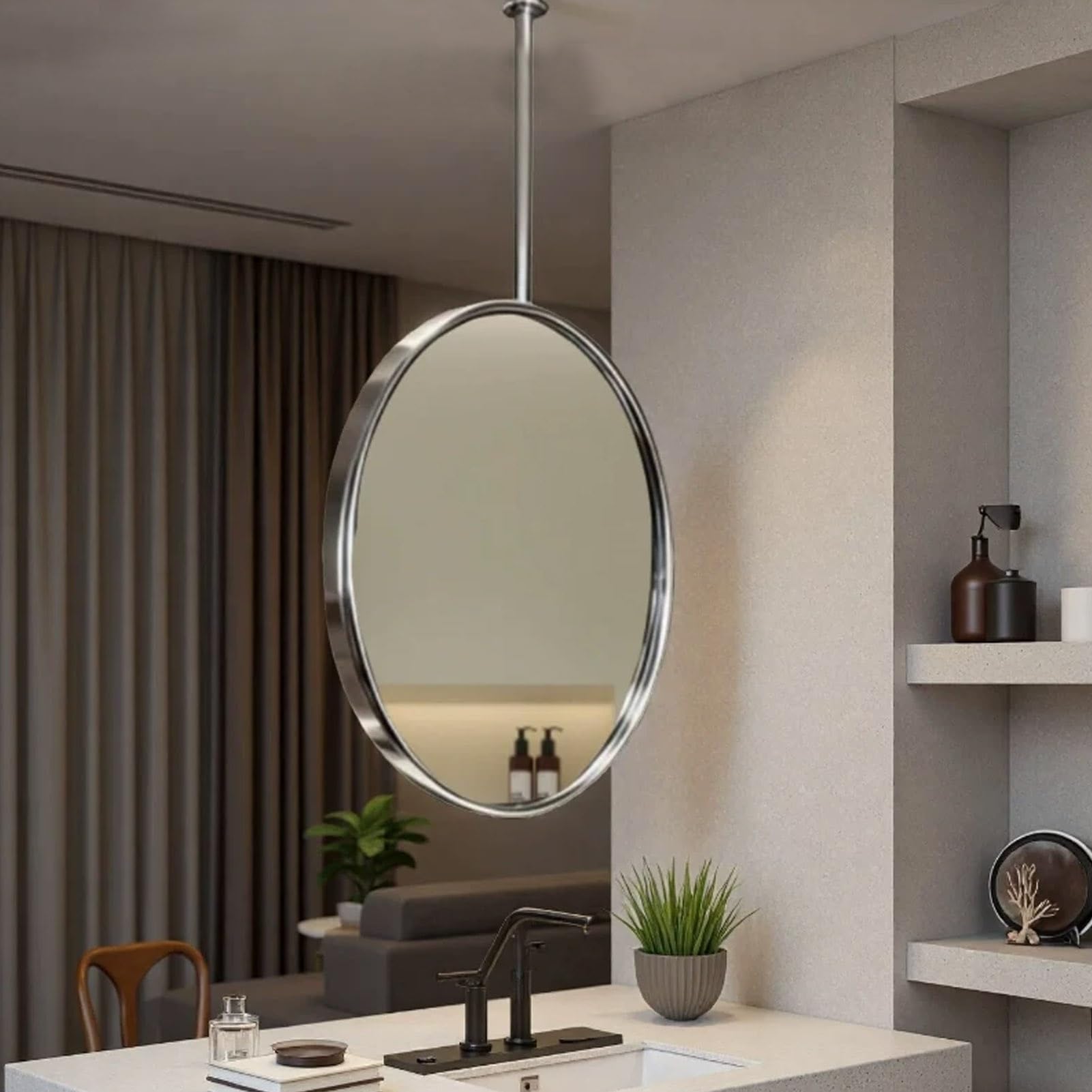 Gaommini Ceiling Hanging Floating Mirror with Round Stainless Steel Frame, Suspended Bathroom Mirrors, Wall Vanity Make-up Mirror Creative Circle Mirror, Silver(Diameter-70CM/27.6INCH)