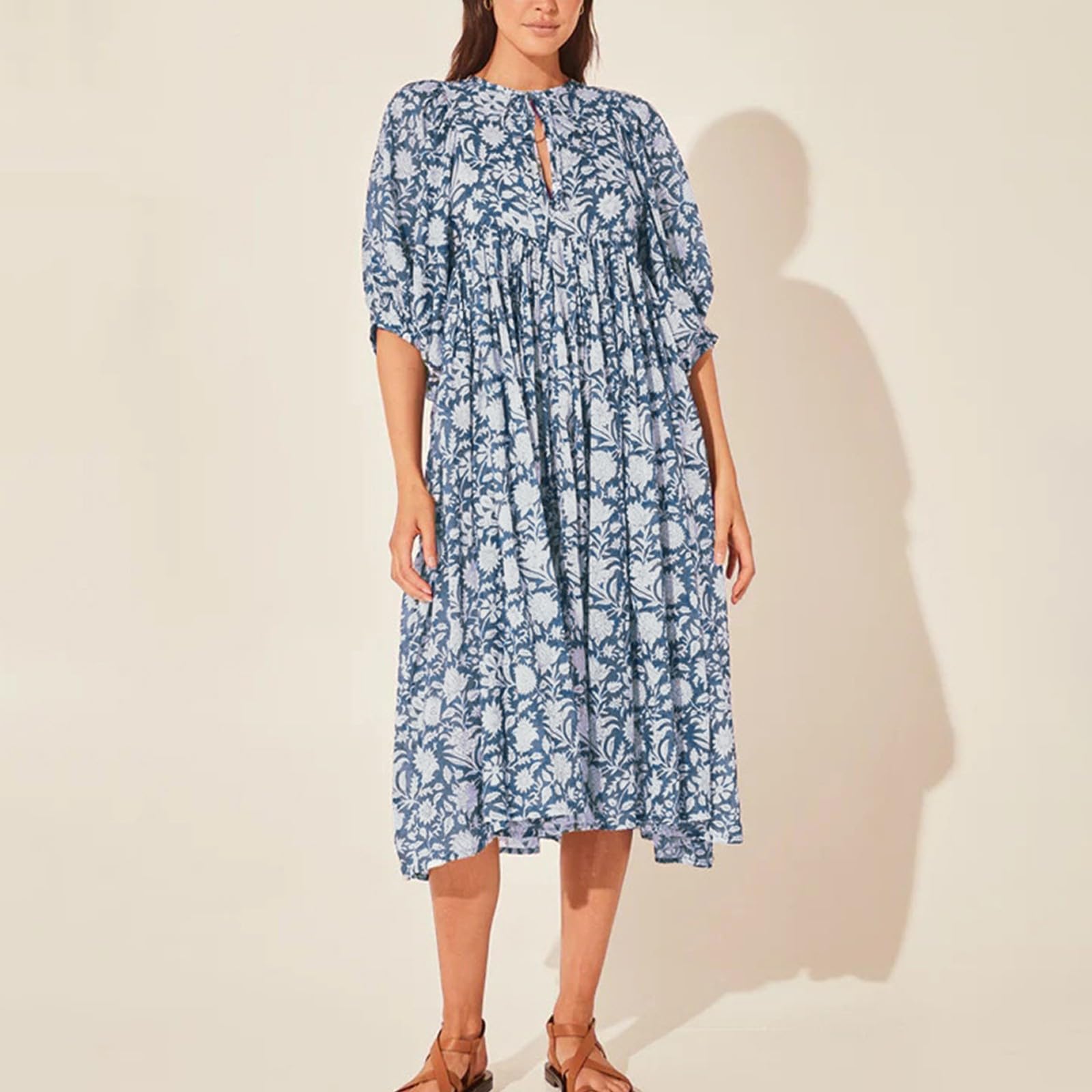 Vestidos Casuales De Verano for Mujer, Vestido Playa Midi Suelto con Mangas Abullonadas Y Estampado Floral, Medio Abierto