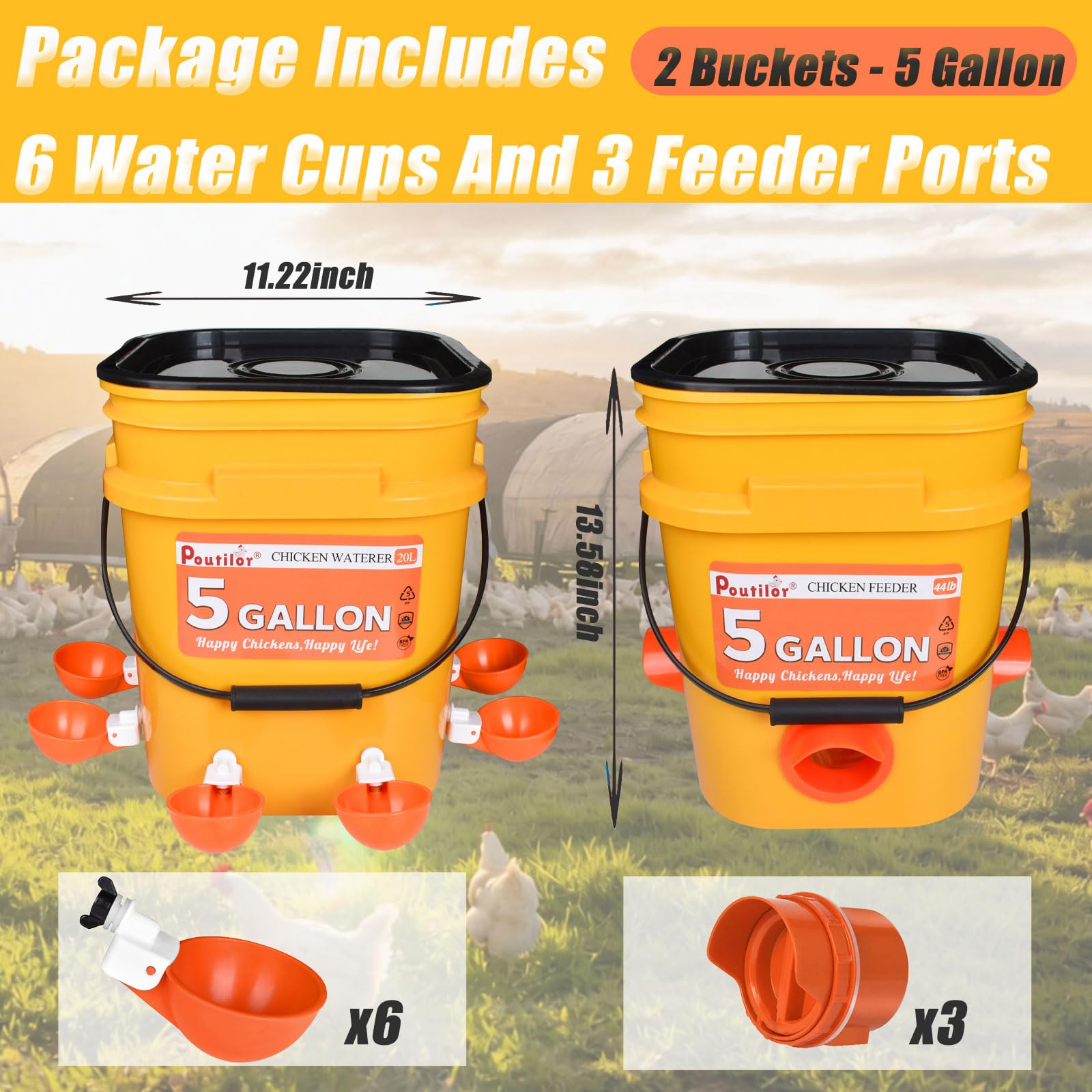 Juego de comedero y bebedero automático de pollo de 5 galones (2 cubos), juego completo real, bebedero grande para aves de corral, tazas de agua y puerto de alimentador, 44 libras/20 L