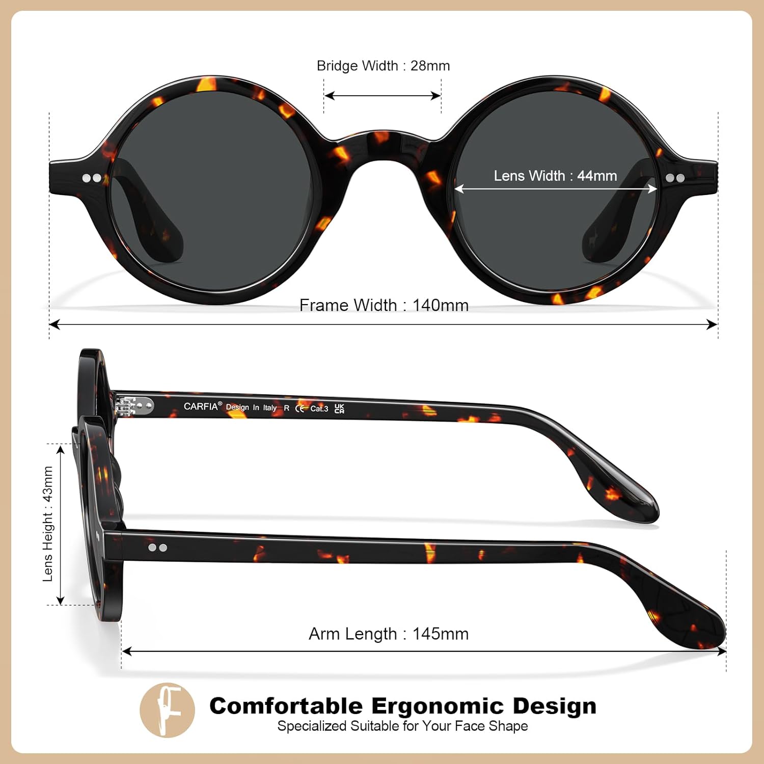 CARFIA Retro Acetate Small Face Polarized Sunglasses for Men Cool Classic Round Sun Glasses CA2501