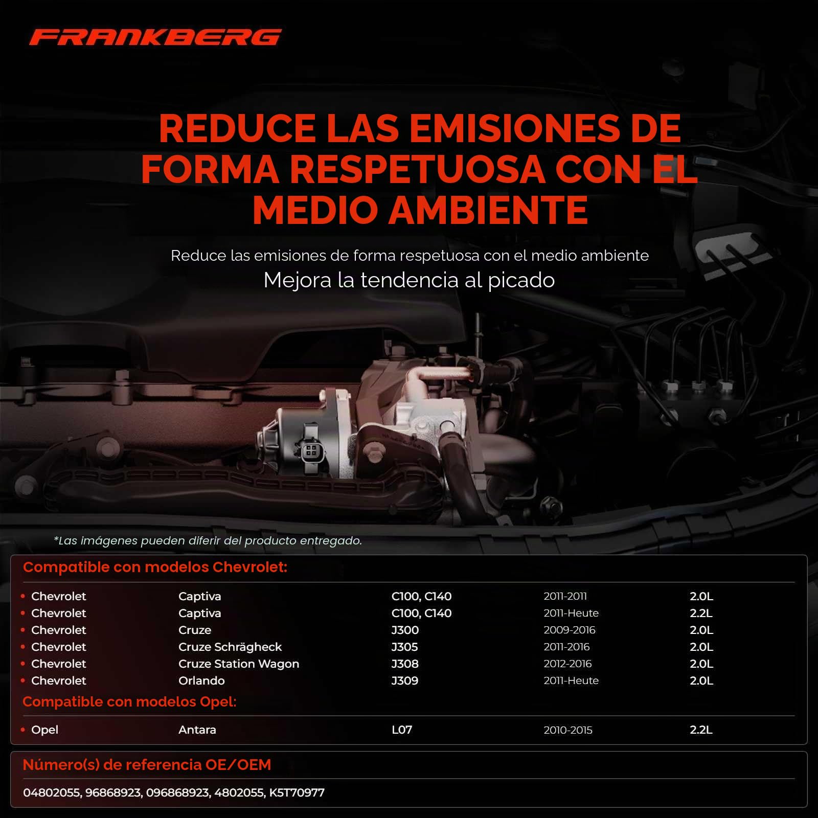 Frankberg Válvula EGR (válvula de recirculación de gases de escape) diésel | Compatible con: Captiva C100 C140, Orlando J309, Cruze Hatchback J305, Antara L07, Cruze Station Wagon J308, Cruze J300