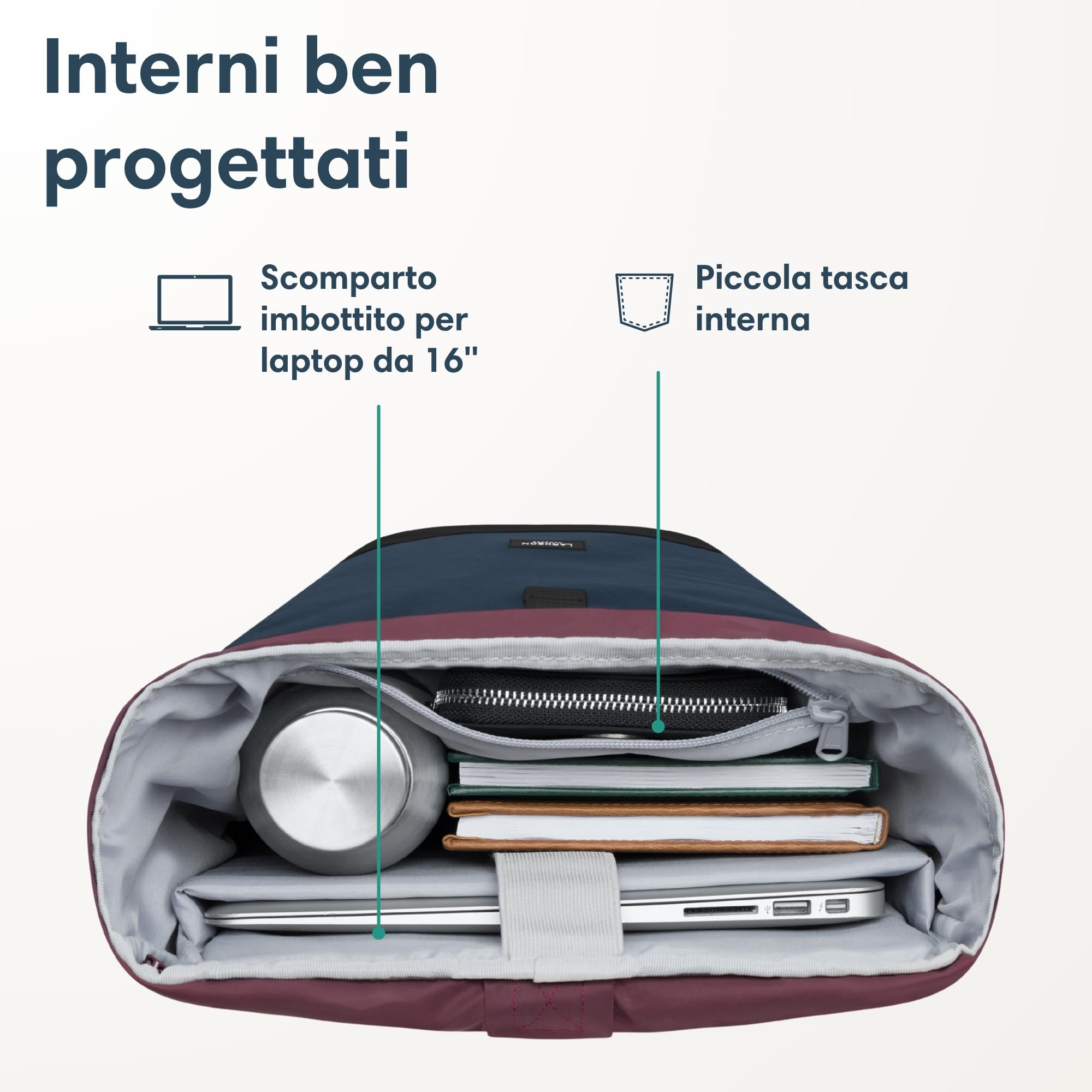 LARKSON Zaino Donna & Uomo Blu Rosso - Janne Small - Zaino roll-top con Scomparto per Laptop per Università, Lavoro, Viaggi e Bicicletta - Zainetto Piccolo - Idrorepellente