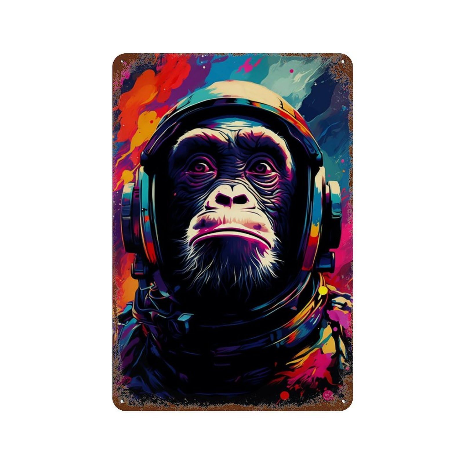 Ape Astronaut Space Art Weathered Tin Sign 11.8"x7.9", Classic Wall Plaque for Garage, Bar And Workshop Decor