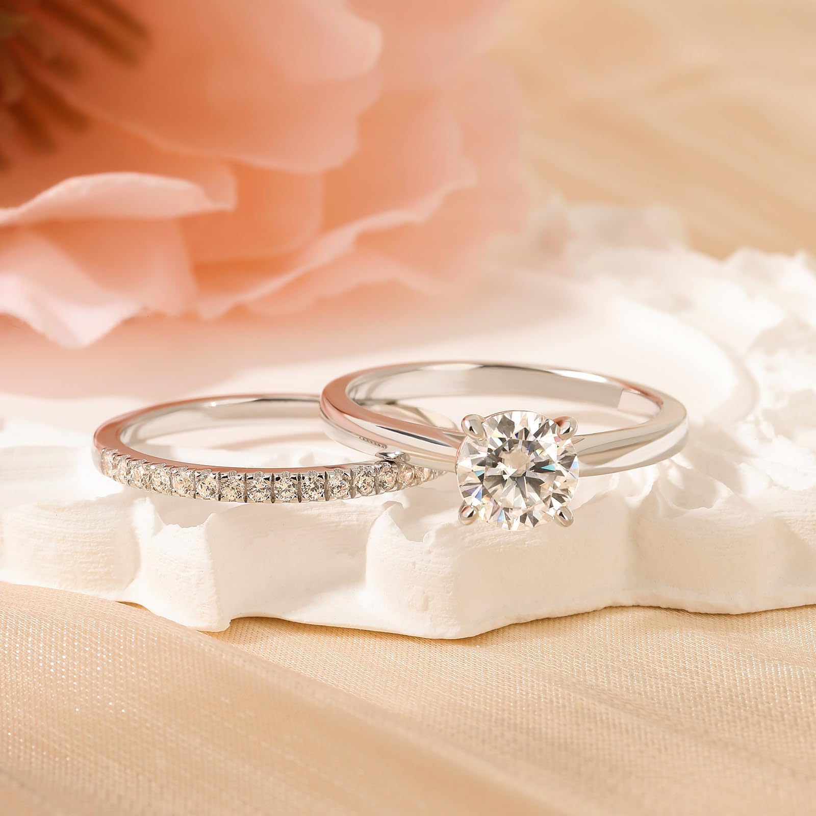 Damen Moissanit Klassisch Band Ring Set 925 Sterling Silber Vorsteckring Rundschliff Stein Stapelring Modern Elegant Doppelring Frauen Trauring für Hochzeit Valentinstag