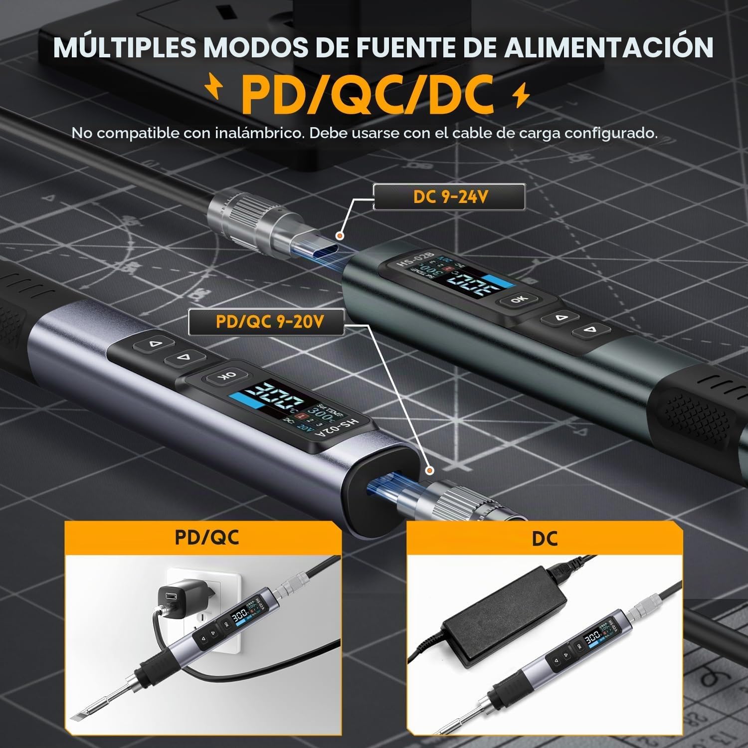 Kit Soldador Portátil, HS-02B 100W 2S Calentamiento Rápido 100-450°C Alimentación DC 9-24V 3 Puntas de Soldadura Lápiz Soldador Digital Inteligente Herramienta Para Reparaciones.