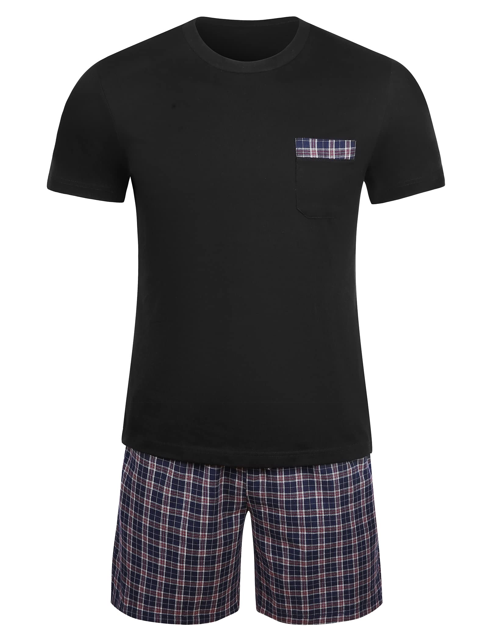 Winovia Schlafanzug Herren Kurz Pyjama Set aus Baumwolle Kurzarm Nachtwäsche mit Karierter Hose und Brusttasche Sommer Hausanzug Männer Geschenk