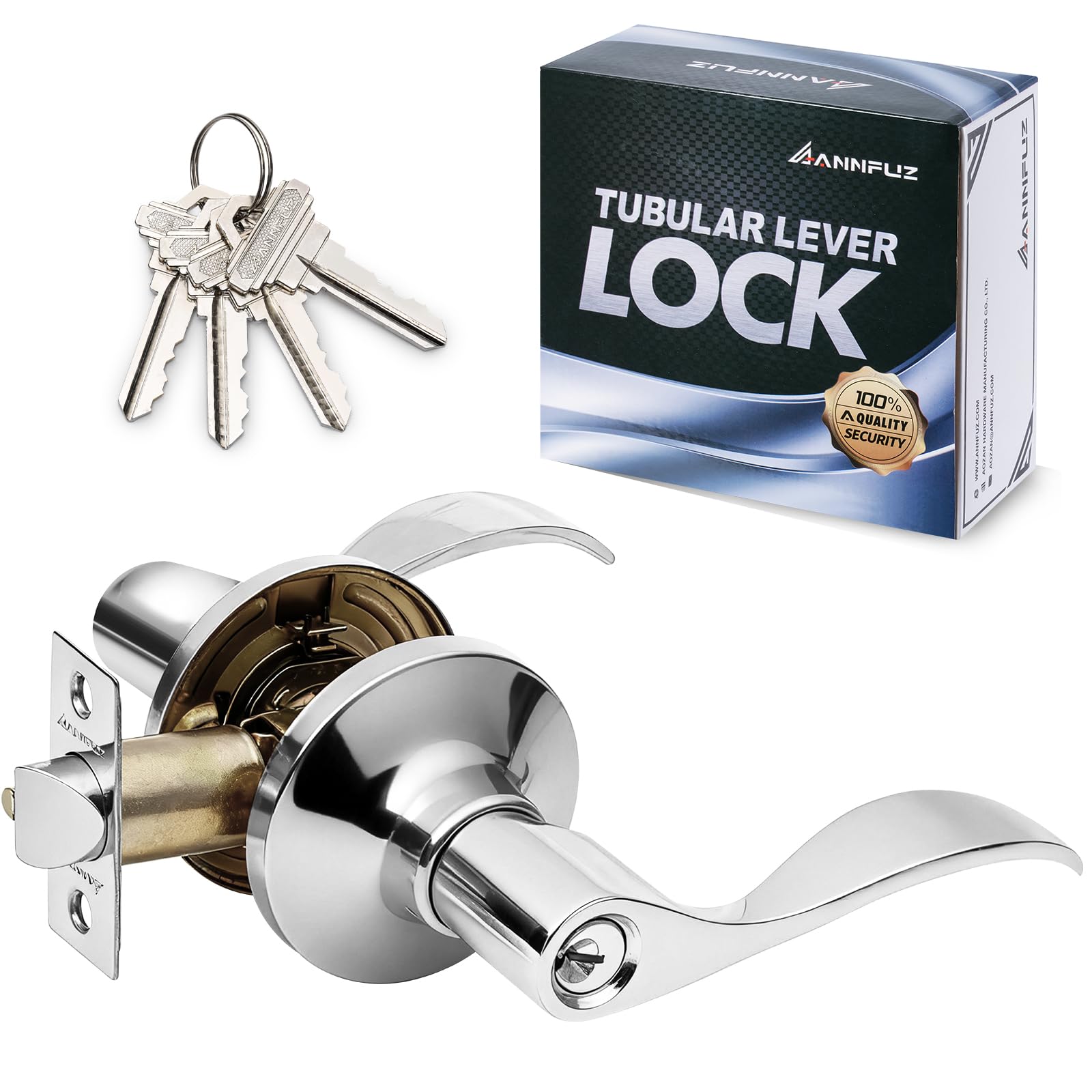 Annfuz Bright Chrome Entrance Door Handle With Keys,Reversible For Right&Left Side,Not Keyed Alike Entry Lever Lock,Turn-Thumb Locking,Perfect For Office,Interior Exterior Front Door,Bedroom(Entry,)