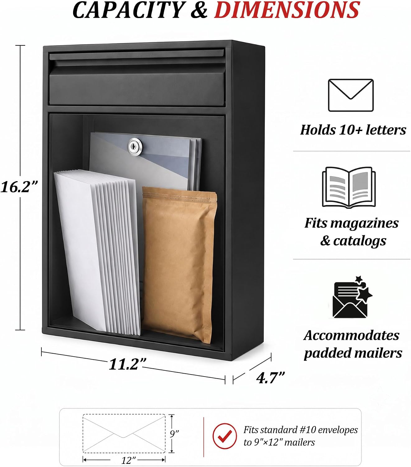 Locking Wall Mount Mailbox with Integrated Bend Handle & Bottom View Window, Modern Large Capacity Security Mailbox for Outside, Rust-Proof Steel, 16.2"×11.2"×4.7", Black