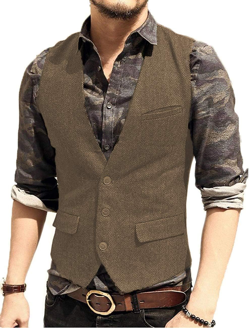 Jiaoyunshi Men's Slim Fit Suit Vest Wool Blend Herringbone Mens Tweed Waistcoat Wedding