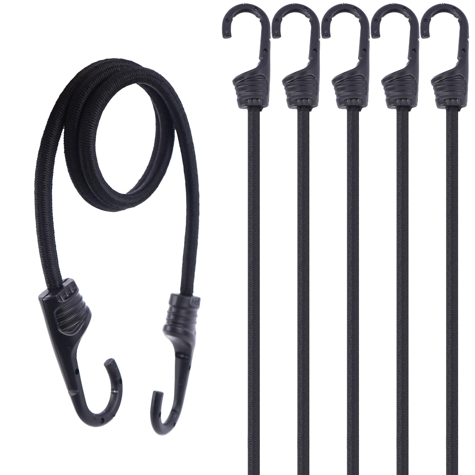 VirtuGro 6 Pack 90cm Bungee Cords with Hooks Black Heavy Duty Bungee Cords Weatherproof & UV-Resistant Long Bungee Straps with Hooks Elastic Straps for Camp Luggage Garden Furniture Kayak Rack Truck