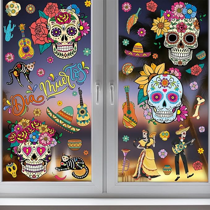 Day of The Dead Window Clings Decals Sugar Skull Flower Guitar Halloween dia de los muertos Party Double-Side Window Stickers Decoration for Halloween Party Supplies Haunted House Home Glass, 9 Sheets
