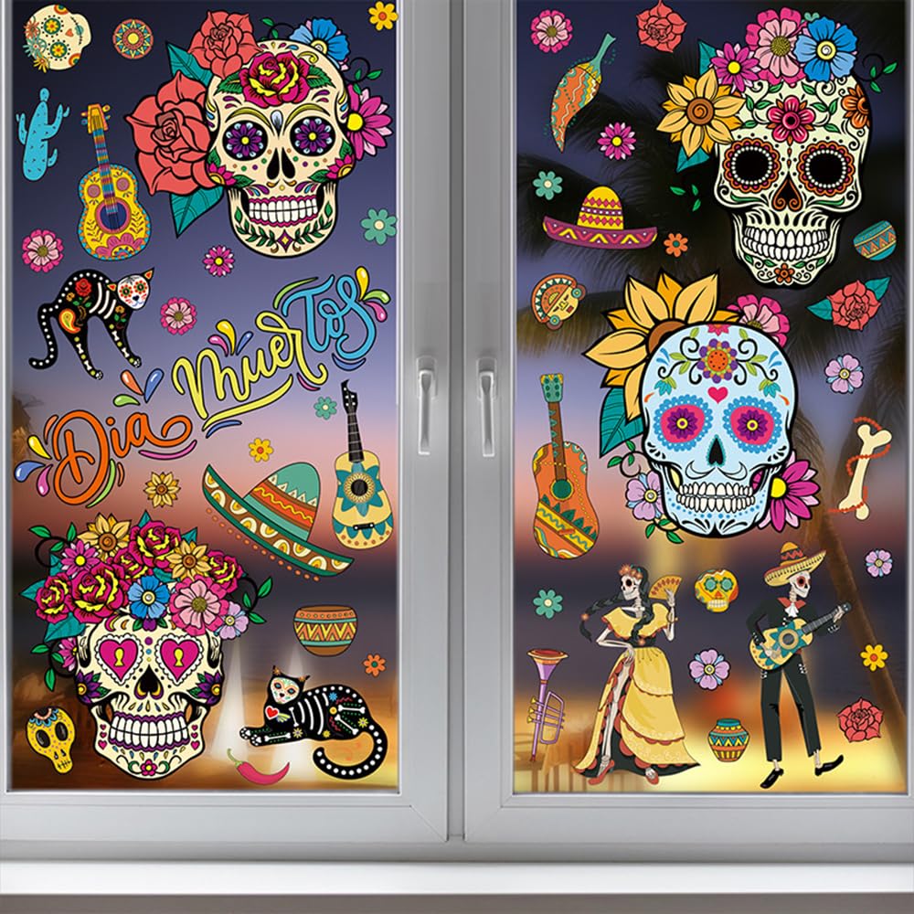 Day of The Dead Window Clings Decals Sugar Skull Flower Guitar Halloween dia de los muertos Party Double-Side Window Stickers Decoration for Halloween Party Supplies Haunted House Home Glass, 9 Sheets