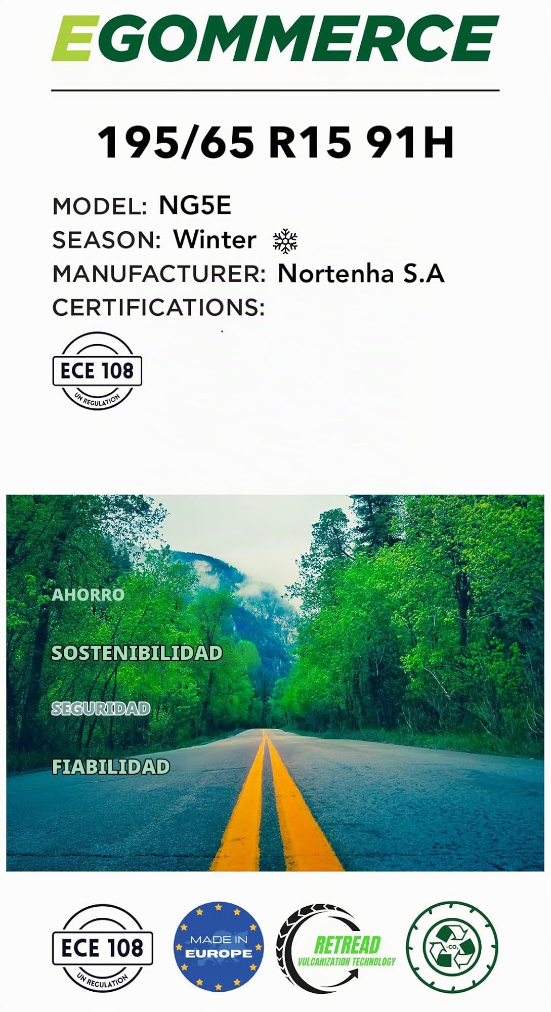 Nortenha - Neumático Coche NG5E 195/65R15 91 H de Invierno Certificado M+S - Neumaticos Marcas Invernales para Coches - Neumatico Ecofriendly con Garantía de 2 Años