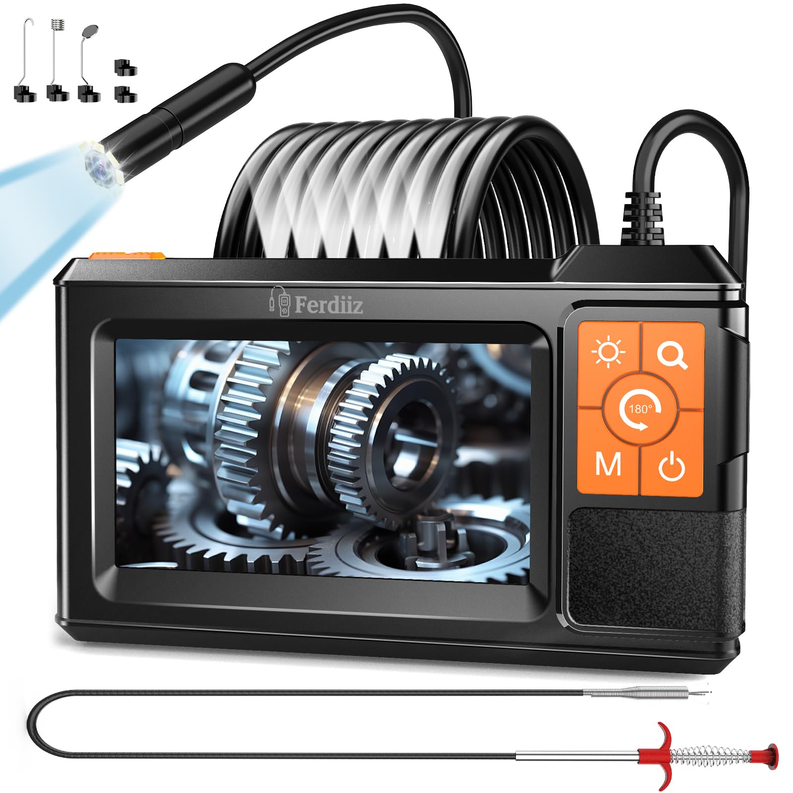 Endoskopkamera mit Licht Ferdiiz, 1080P HD Inspektionskamera mit 4,3-Zoll-IPS-Bildschirm, 5M Halbstarres Kabel Rohrkamera, 160cm Abflussreiniger Spirale, Rohrreinigungsspirale für Abwasserkanäle