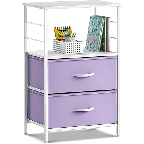 Sorbus 2 Drawer Shelf Storage Nightstand - Kids Bedside Furniture End Table Night Stand with Steel Frame Wood Top & Easy Pull Fabric Bins, Dresser & Chest for Home Bedroom Accessories Office & College