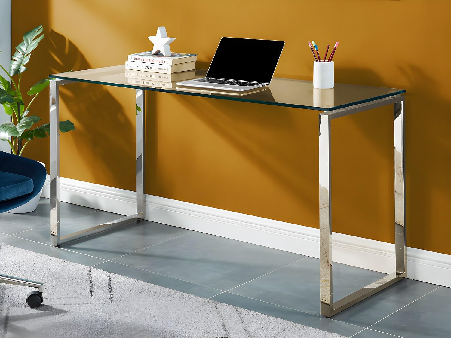Vente-unique Bureau Freya - Verre trempé & métal chromé Transparent