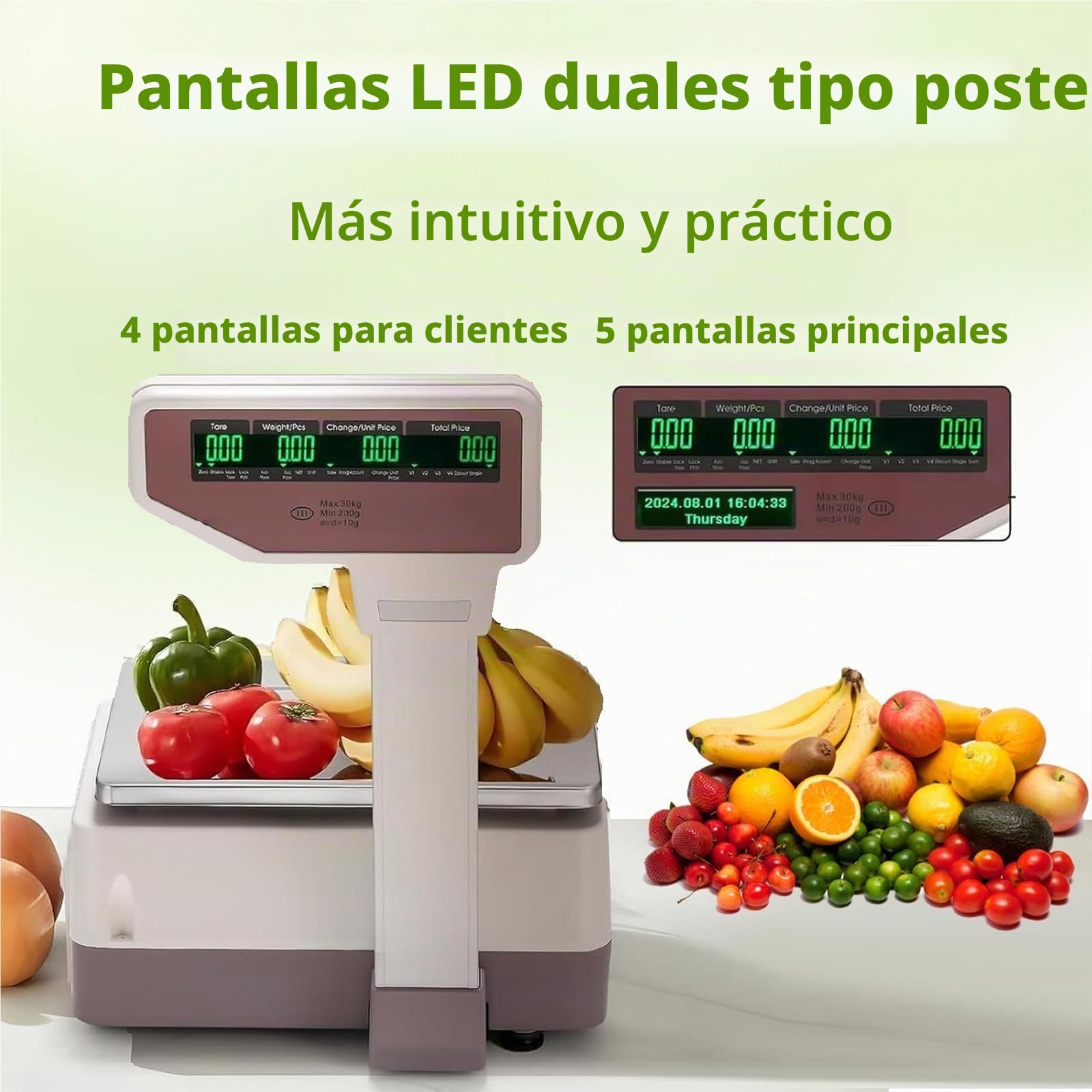 Bascula de Comercio Digital Electronica, 30KG Balanza Comercial para Pesar Fruta, Verdura Peso, Pantalla LCD Digital de Doble Cara, Impresión de Adhesivo y Recibo Térmico