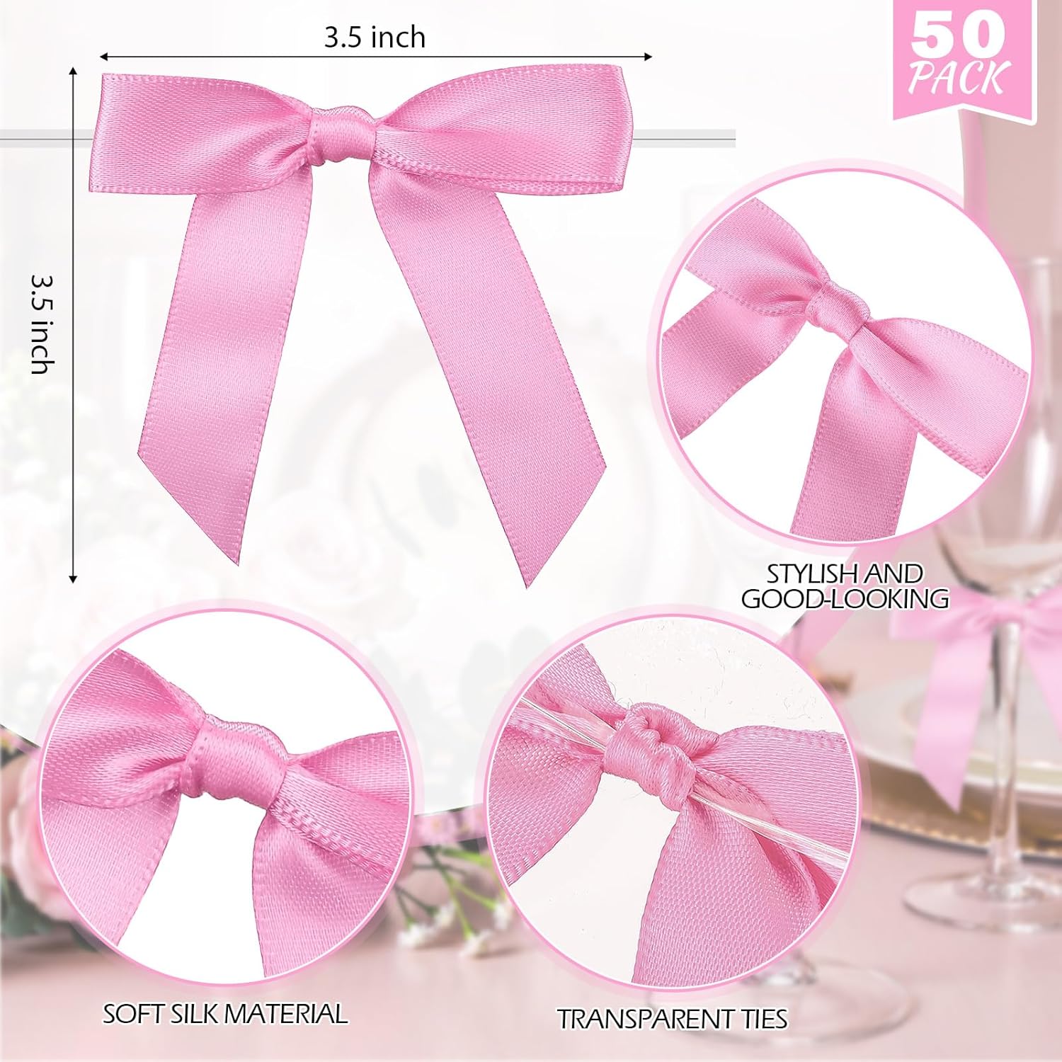 Zopeal Plastic Reusable Champagne Flute Glasses 6 oz and 50 Pcs Bow Set Acrylic Wedding Toasting Goblet 3.5" Bow Unbreakable Wine Cup for Bachelorette Bridal Shower Party(Clear and Pink)