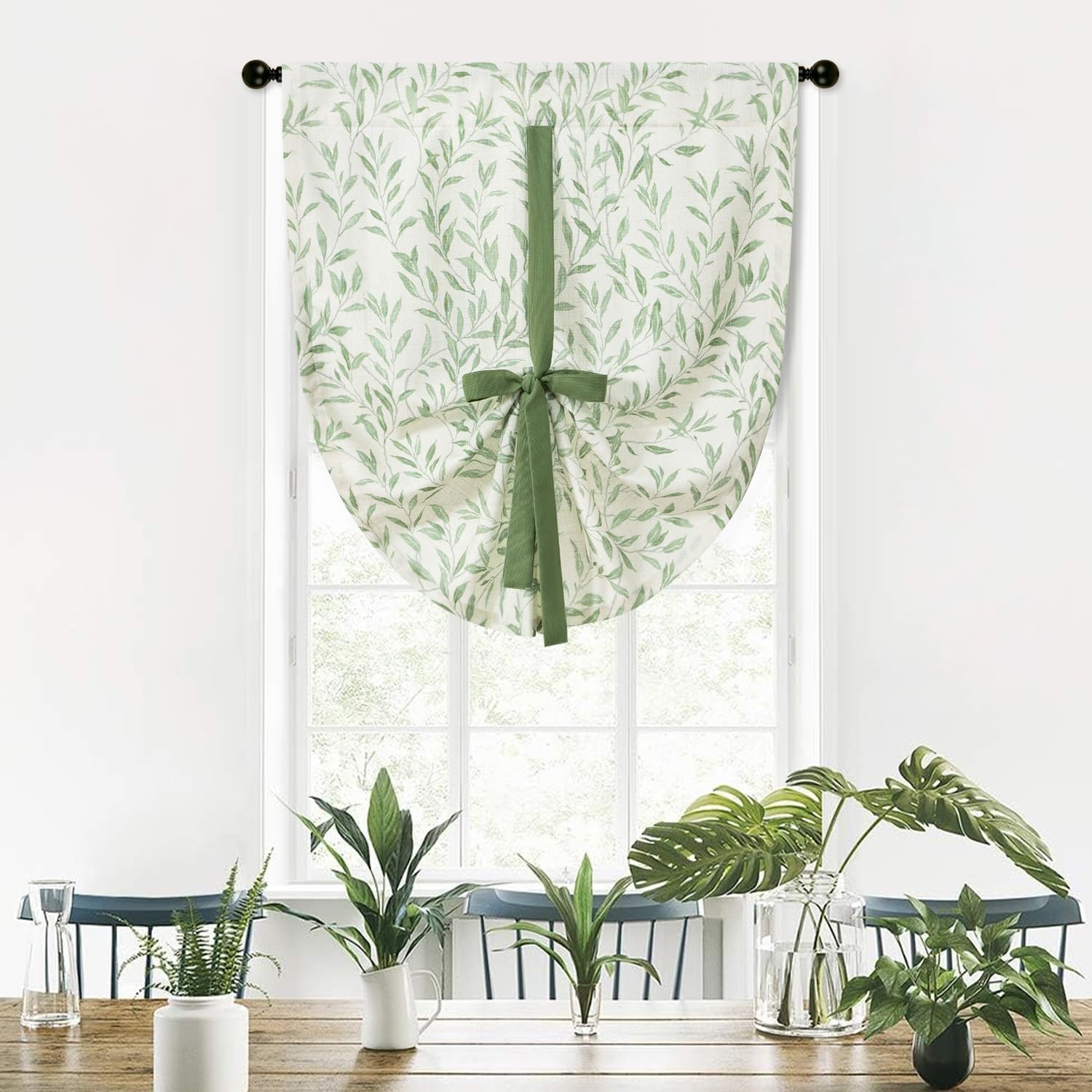 VOGOL Country Style Short Curtains, 1 Panel Not See Through Bathroom Curtain Green Tie Up Shade for Cafe, Rod Pocket Balloon Valance for Kitchen Window, 30 x 45