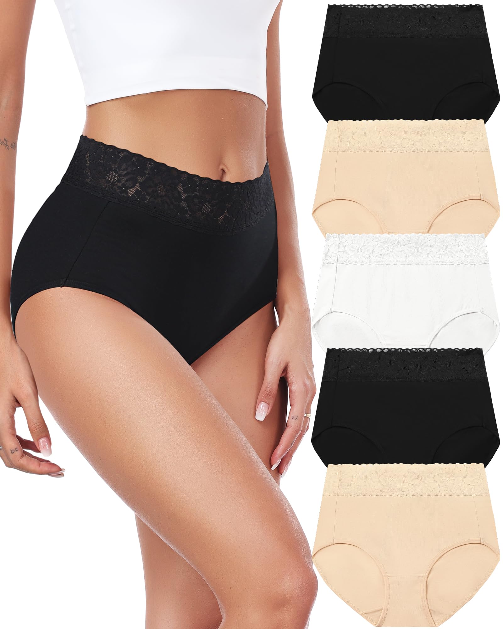 RHYFF Ropa interior de algodón para mujer, bragas de encaje de cintura alta, suaves, transpirables, hipster, cobertura completa, tallas S-3XL