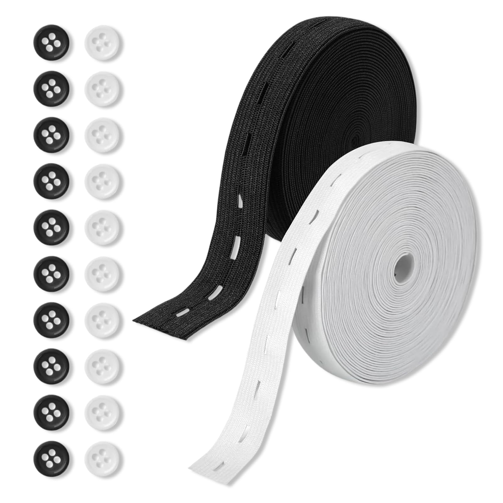 fKiZanthene Button Elastic Bands for Sewing with Buttonholes Black and White Elastic for Waistband Repair and Crafting