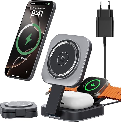 Carga inalámbrica 3 en 1 para Apple Dispositivo, Mini Estación Carga Plegable para Magsafe para iPhone 17/Air/16/15/14/13/12 Serie, Apple Watch Serie y AirPods Pro/2/3/4(Adaptador Incluido) (Gris)