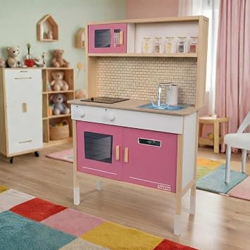 Toysilla Su Akan Musluklu ve LED I kl  Ah ap  ocuk Oyuncak Mutfak Seti - Pembe B y k Boy Montessori E itici Mutfak
