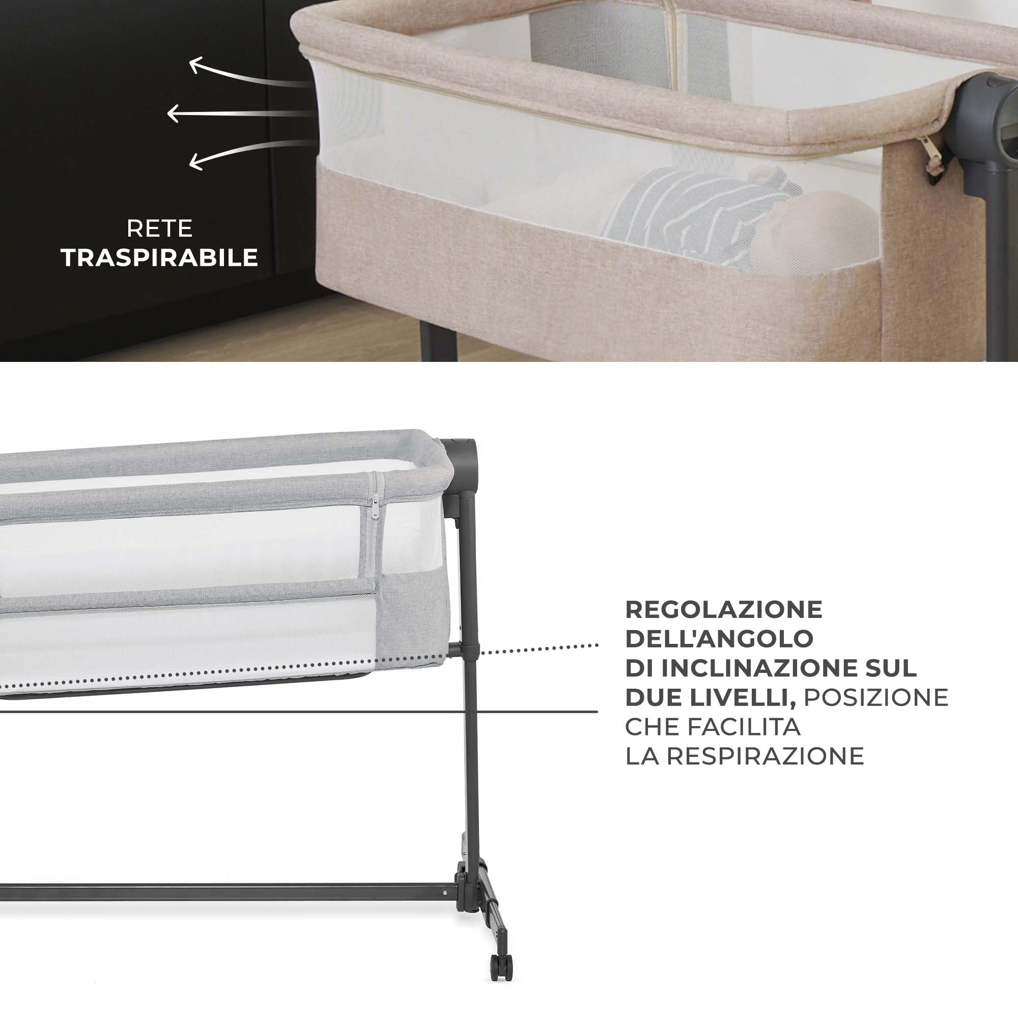 Kinderkraft NESTEE UP 2 Culla da affiancare, Lettino Co-Sleeping, 5 livelli di regolazione dell’altezza, 4 ruote per poterlo, Facile da Montare, Accessori materasso, Morbido materiale, Grigio Claro