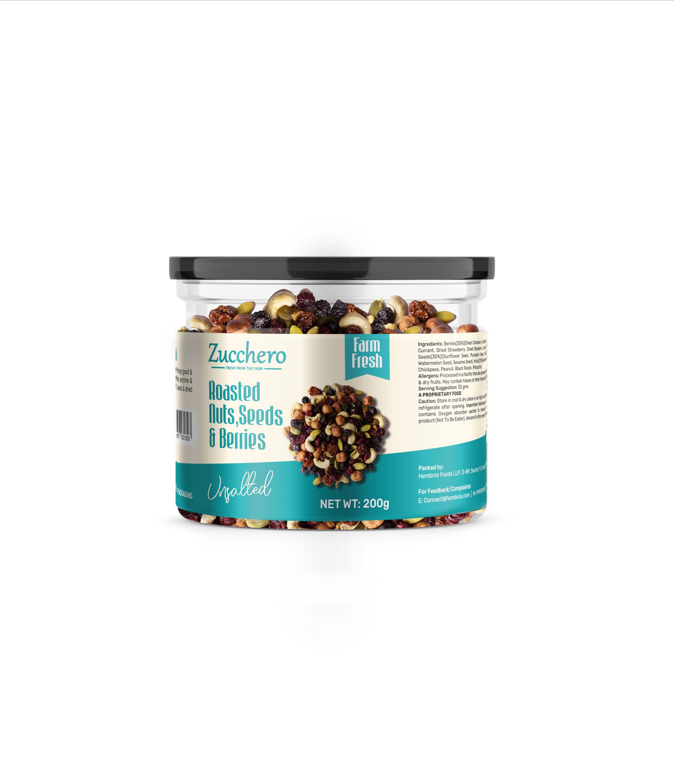 Zucchero Geröstete Premium Nüsse, Samen & Beeren, ungesalzen, 200g (Mischung aus 14 Supernüssen, Samen & Beeren) | ölfrei rösten | ohne Salz | Langsam gebackene Nüsse & Samen
