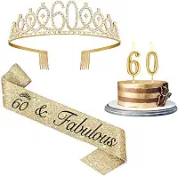 Decorações de 60 anos para mulheres em ouro, incluindo faixa e tiara de 60 anos, topo de bolo de 60 anos e velas número 60, presentes de feliz aniversário de 60 anos para mulheres (ou