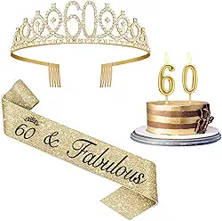 Decorações de 60 anos para mulheres em ouro, incluindo faixa e tiara de 60 anos, topo de bolo de 60 anos e velas número 60, presentes de feliz aniversário de 60 anos para mulheres (ou