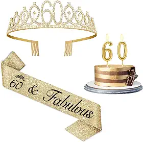 Decorações de 60 anos para mulheres em ouro, incluindo faixa e tiara de 60 anos, topo de bolo de 60 anos e velas número 60, presentes de feliz aniversário de 60 anos para mulheres (ou
