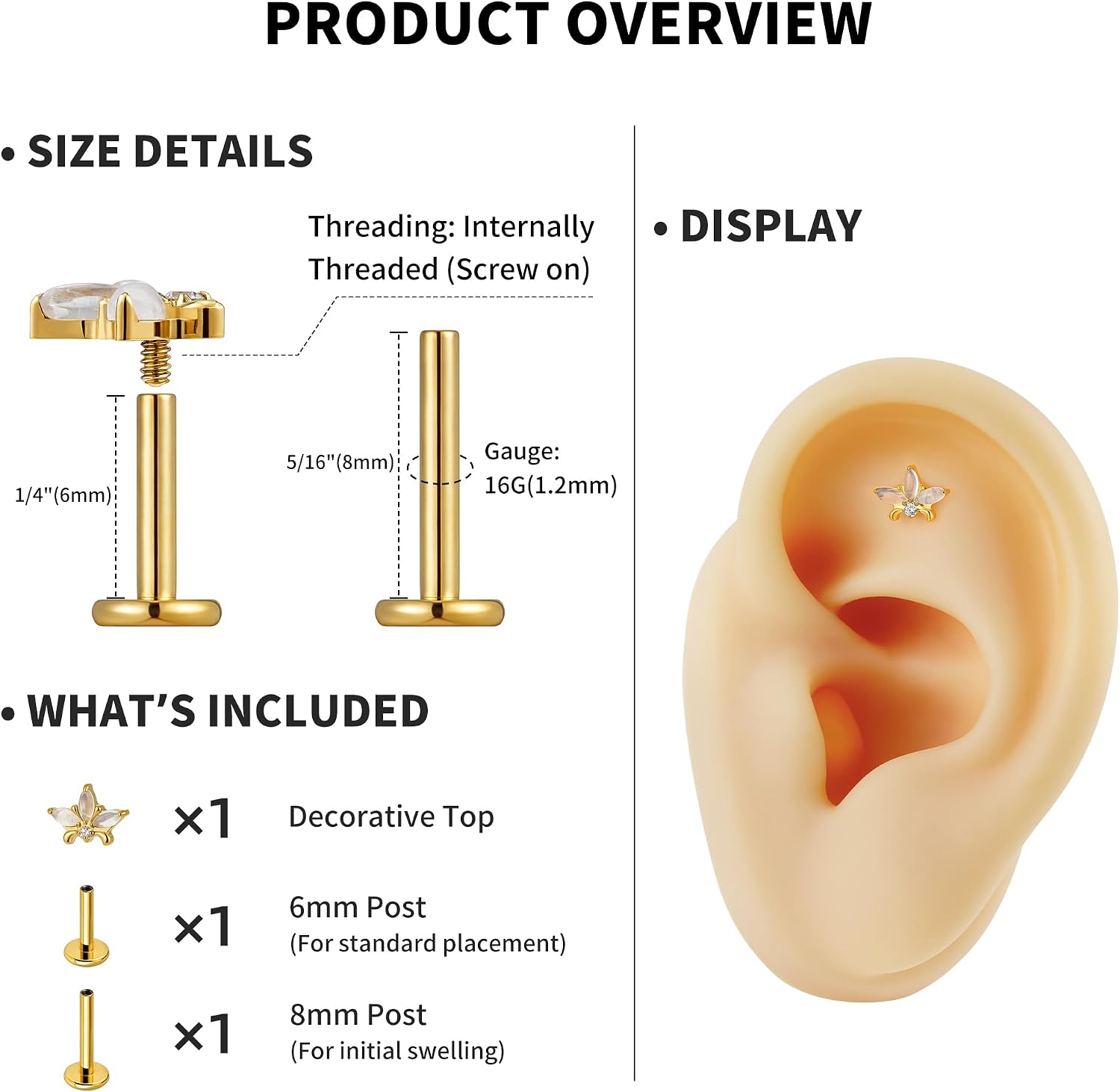 FINE4U ASTM F136 Titanium Piercing Jewelry Stud - 16G 6mm 8mm Triple Marquise Lotus Flower Cartilage Earring, Hypoallergenic Flatback Labret