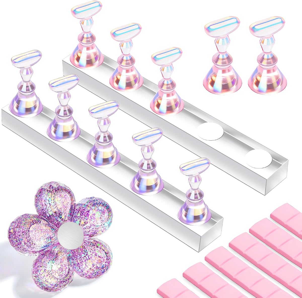 Makartt Holographic Nail Stand for Press-On Nails DIY, Magnetic Holder, 1 Flower & 2 Long Bases, Press-on Stand for Gel Curing, Beginners Practice Skills, Nail Tech & Content Creators Display Nails